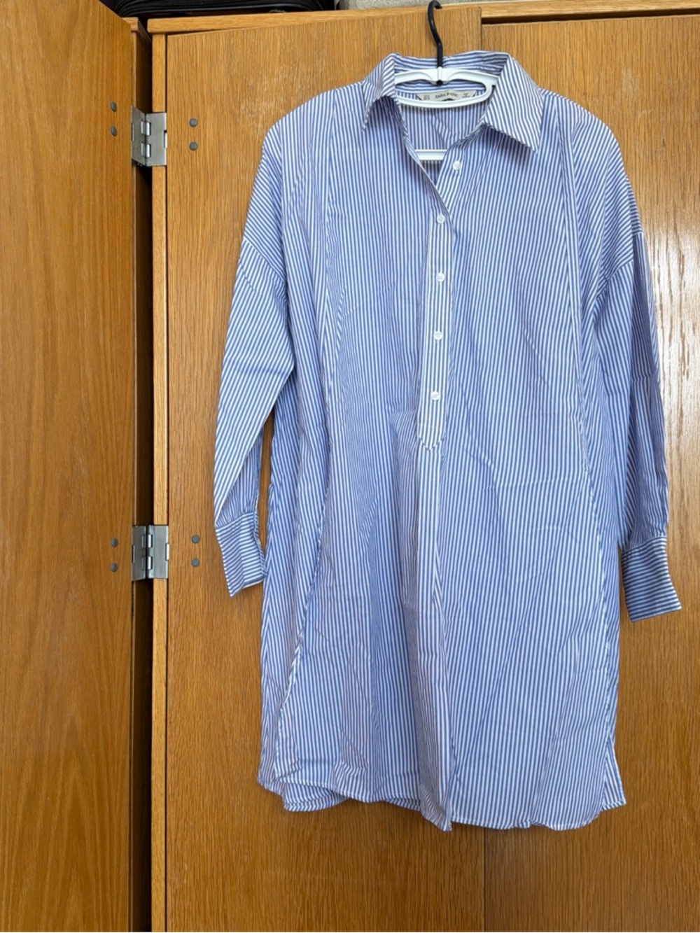 Zara Blue and White Vertical Stripe Button-Down Long Shirt